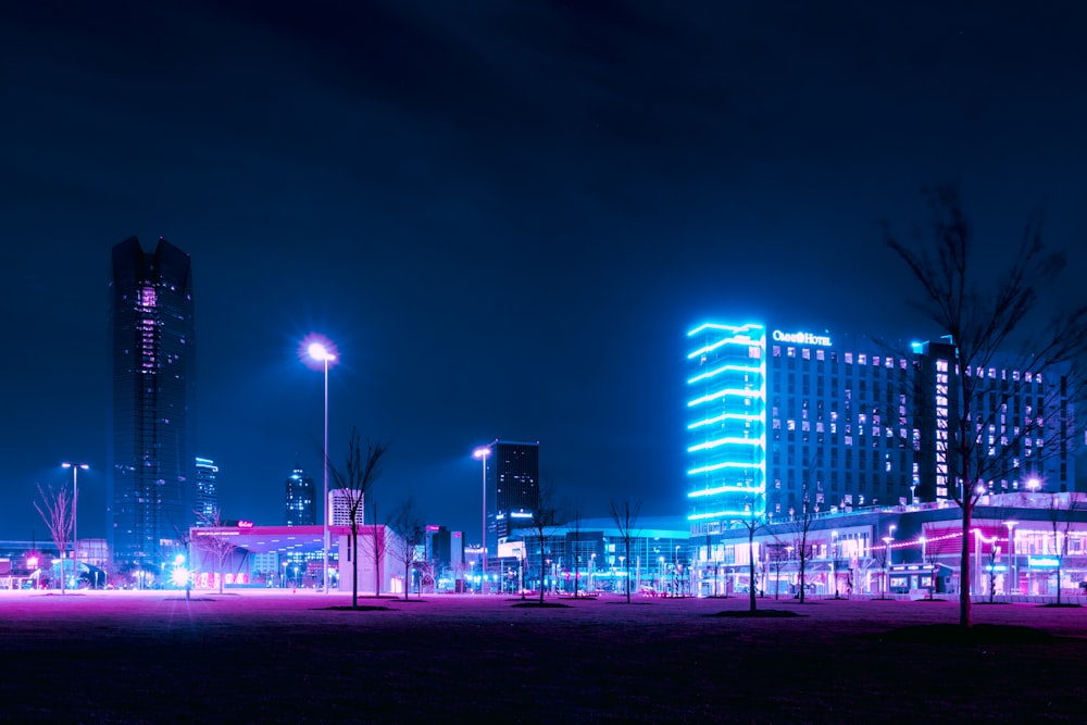 city skyline during night time