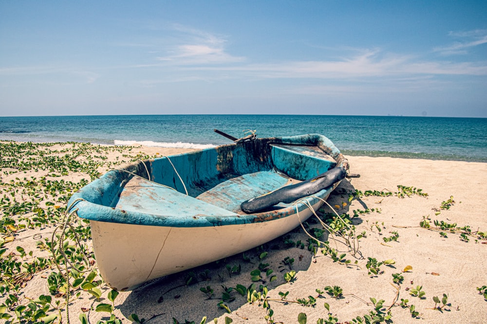 white and blue boat on beach during daytime