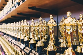 A collection of gold-colored statues resembling awards lined up on shelves. Each statue features a standing figure holding an object, set against a perspective view that emphasizes the rows. The lighting highlights the shiny, reflective surfaces of the trophies.