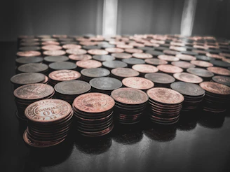 Silver coins glistening under soft light, arranged in a fan shape.