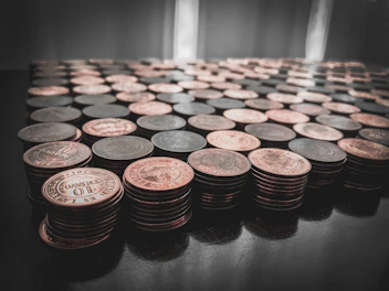 Silver coins arranged in a fan shape with soft lighting highlighting their details