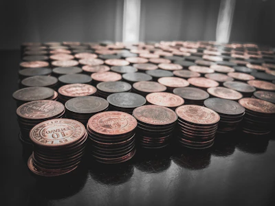 Silver coins glistening under soft light, arranged in a fan shape.