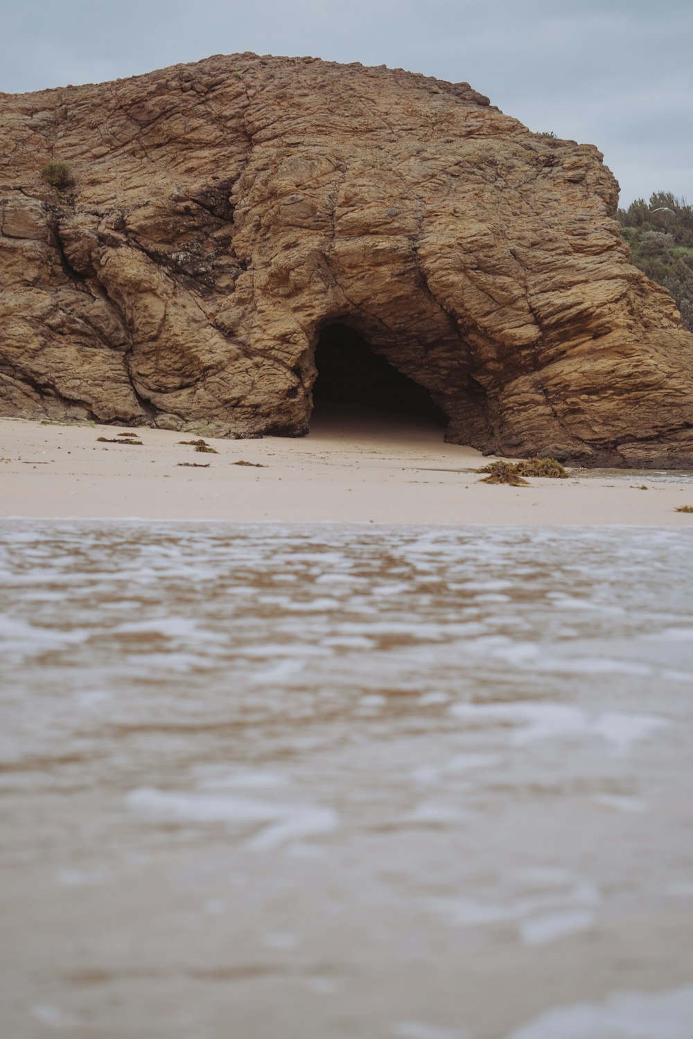 brown rock formation on white sand during daytime