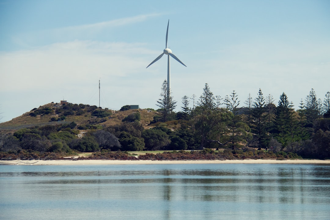 wind turbine on green grass field near body of water during daytime