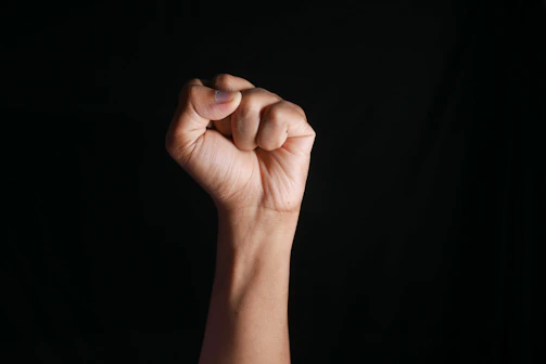A worker raising a fist in solidarity against a backdrop of a factory.