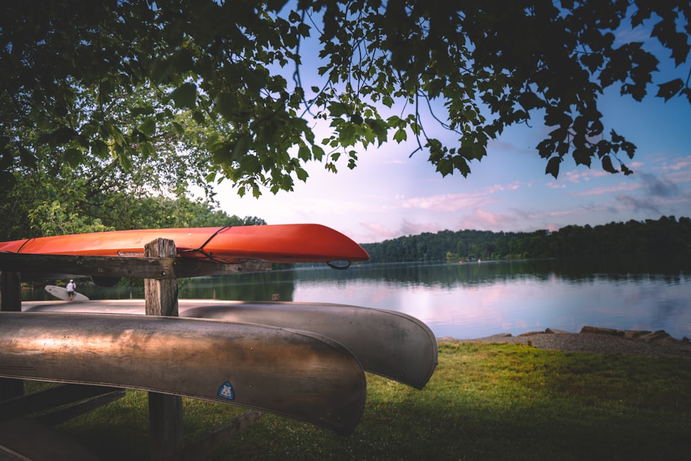Kayak rosso e nero sul molo di legno marrone durante il giorno