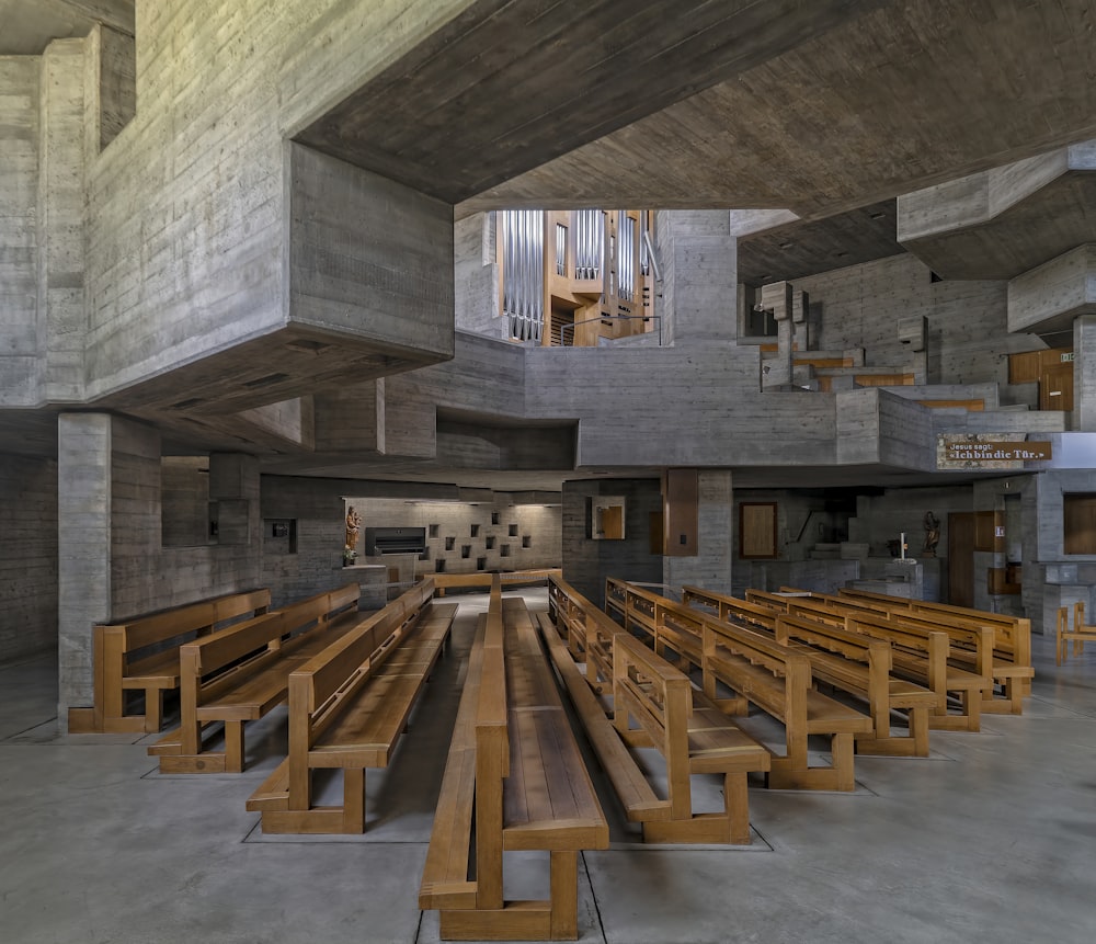 brown wooden bench inside building