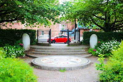 An outdoor setting featuring mosaic garden art.