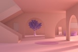 A minimalist interior design features soft pink and purple tones, showcasing a potted purple tree under an archway. Modern furniture, including woven chairs and a circular rug, complement the style. Light creates gentle shadows, enhancing the pastel aesthetic.