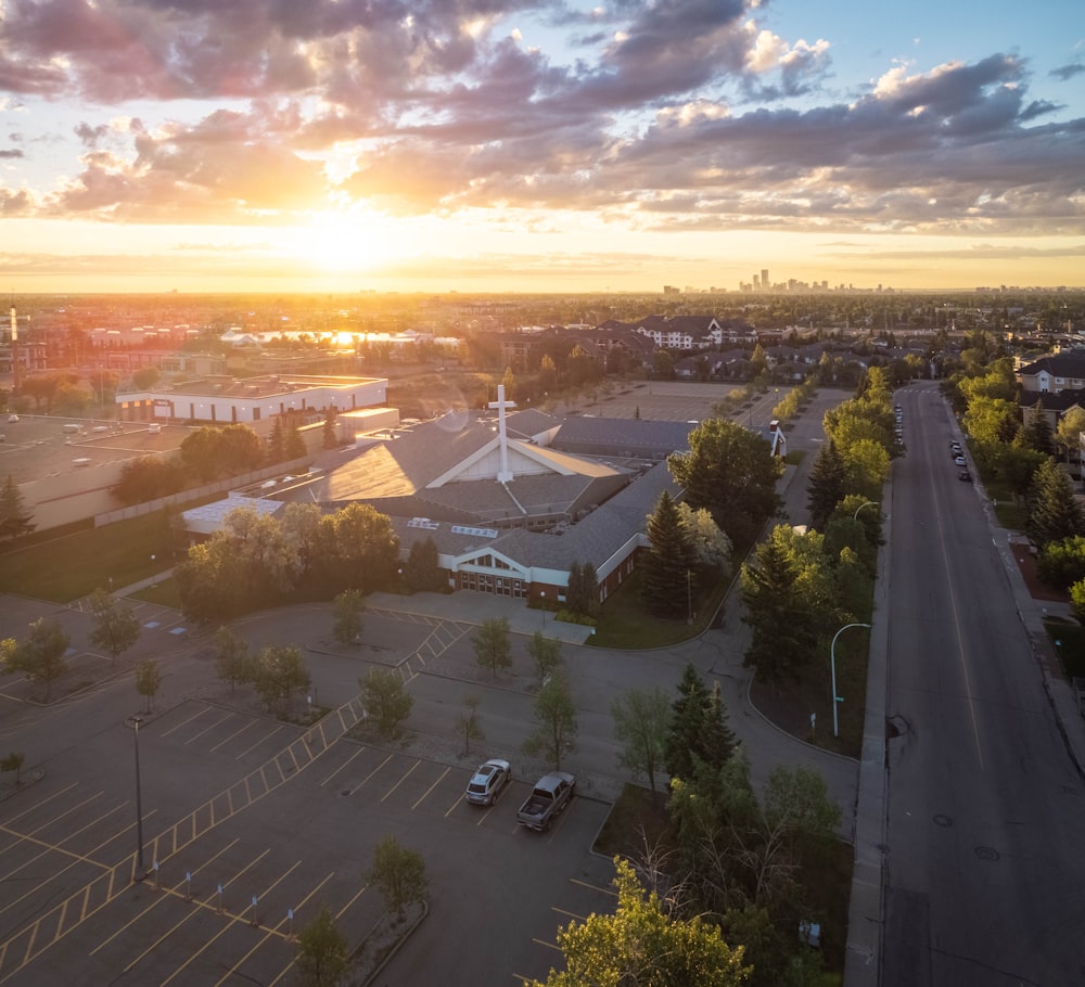 aerial view of city during sunset