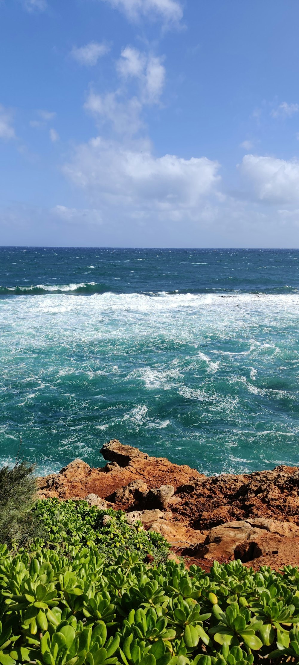 Les vagues de l’océan s’écrasent sur le rivage rocheux brun pendant la journée