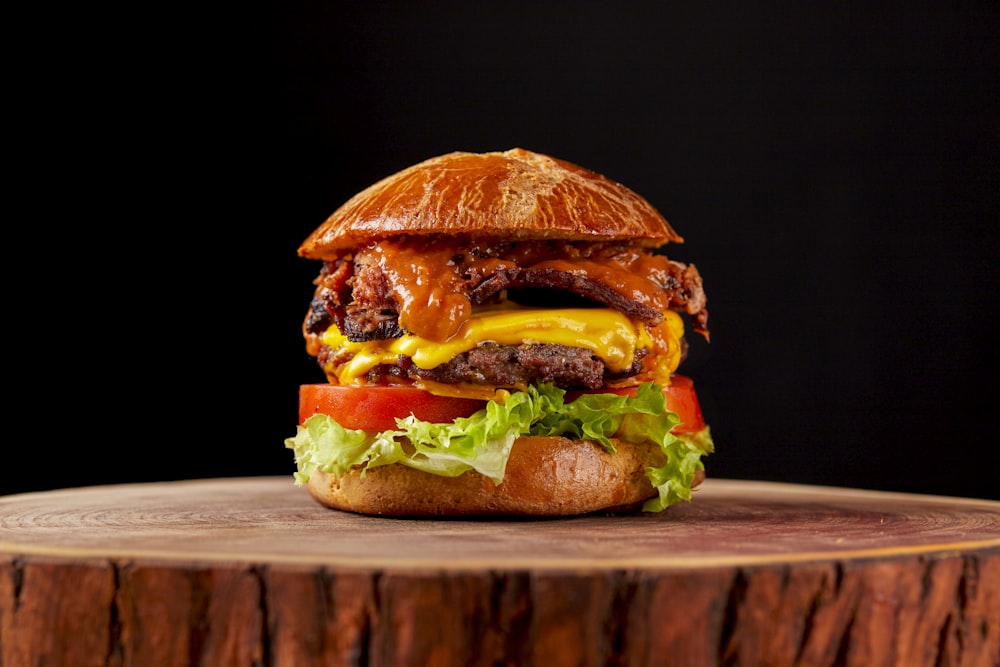 burger on brown wooden table
