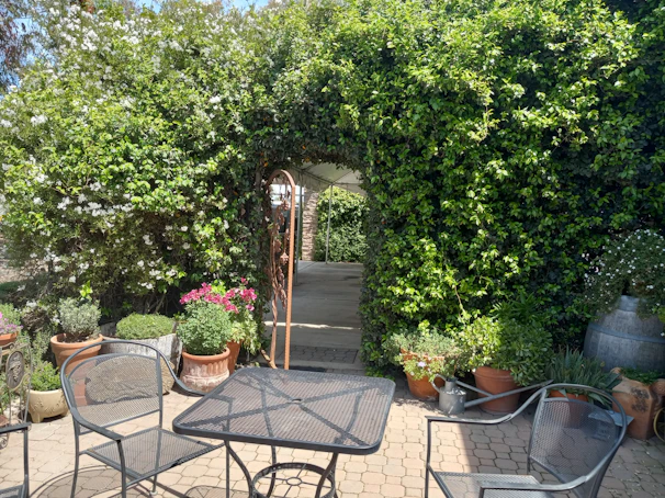 A vibrant garden with blooming flowers and lush greenery surrounding a cozy patio.