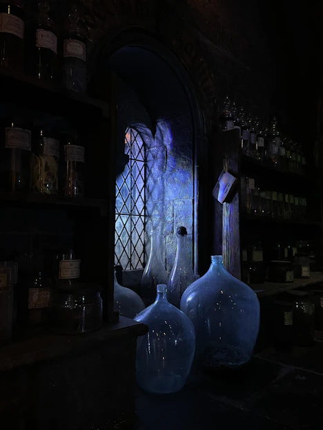 Glass bottles on shelves and a large blue bottle near a stone window