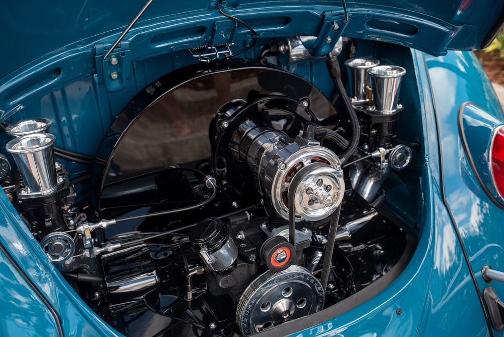 blue and black car engine