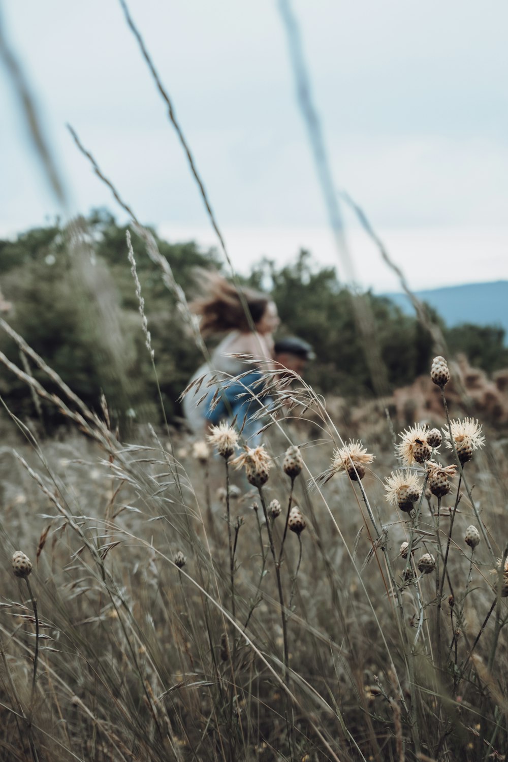 fille en veste en jean bleue debout sur le champ d’herbe brune pendant la journée