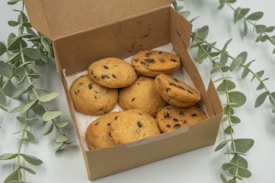 A cardboard box contains several chocolate chip cookies, arranged neatly. The cookies are golden-brown with visible chocolate chips. Green leaves of a plant surround the box, adding a touch of nature to the scene.