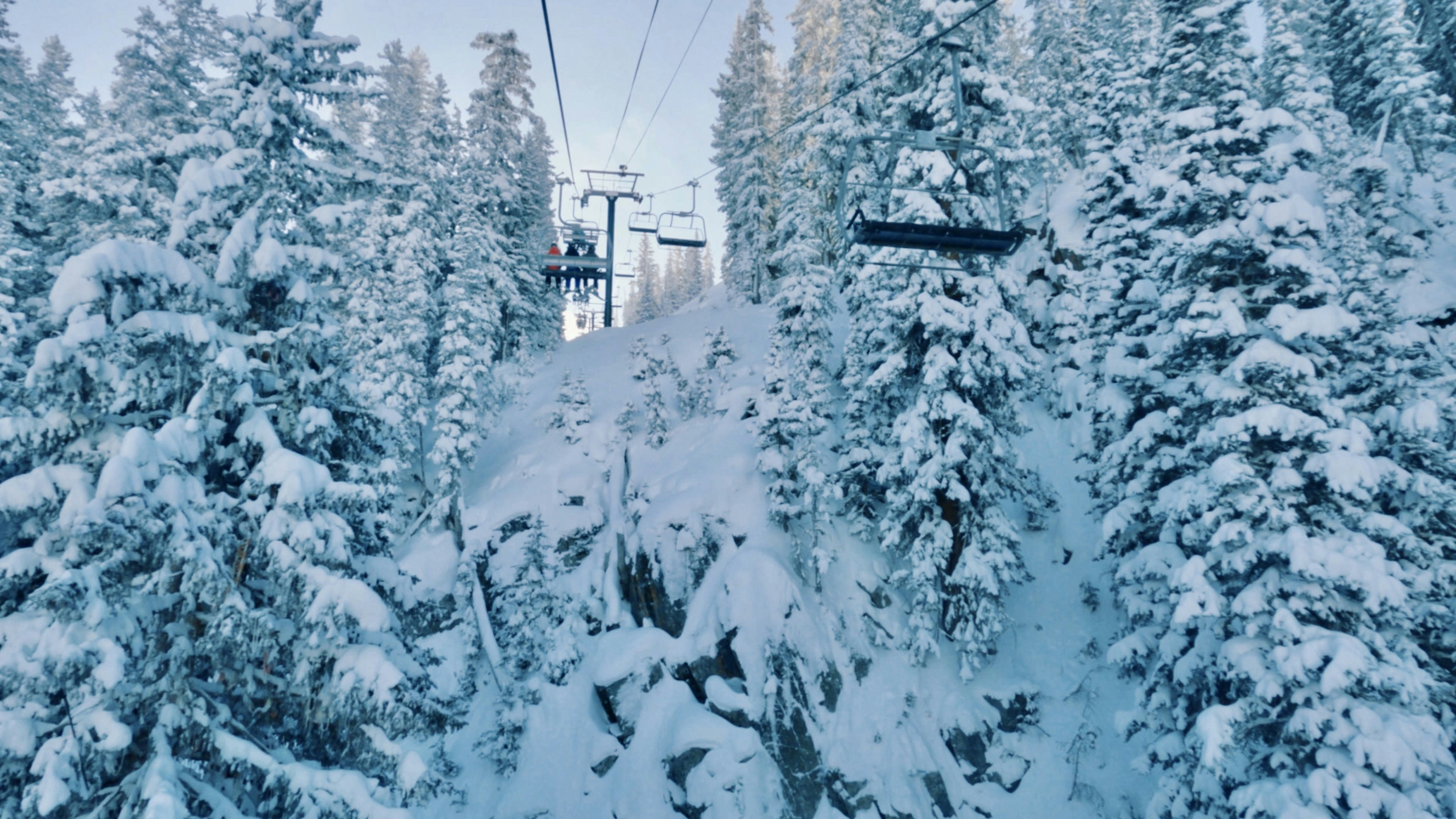 chairlift passing through snowy evergreen forest