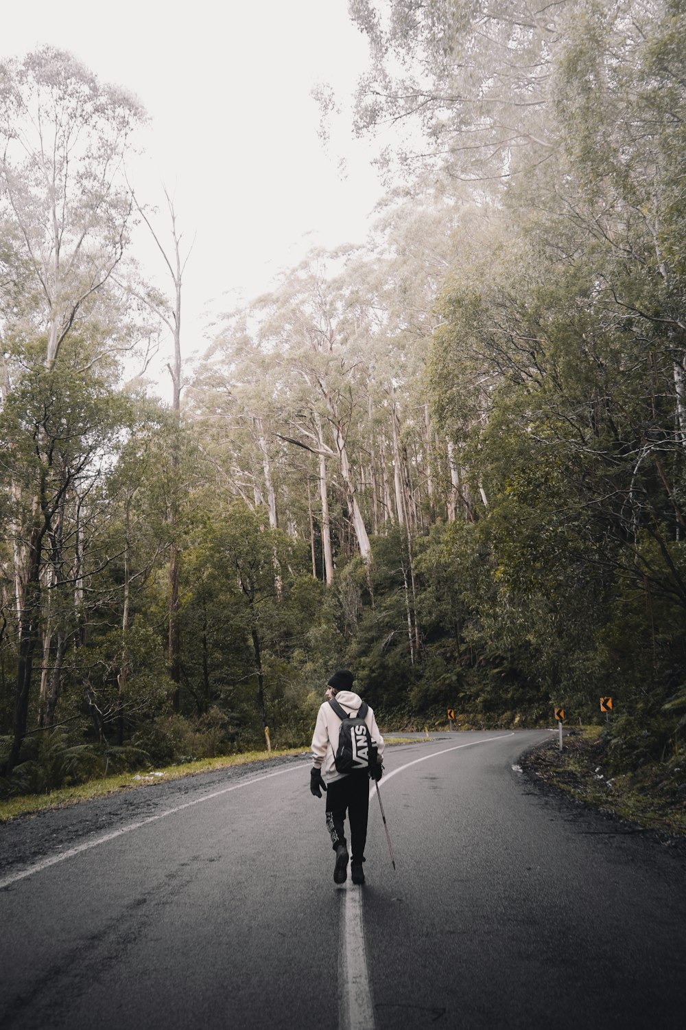 person in black jacket walking on road between trees during daytime