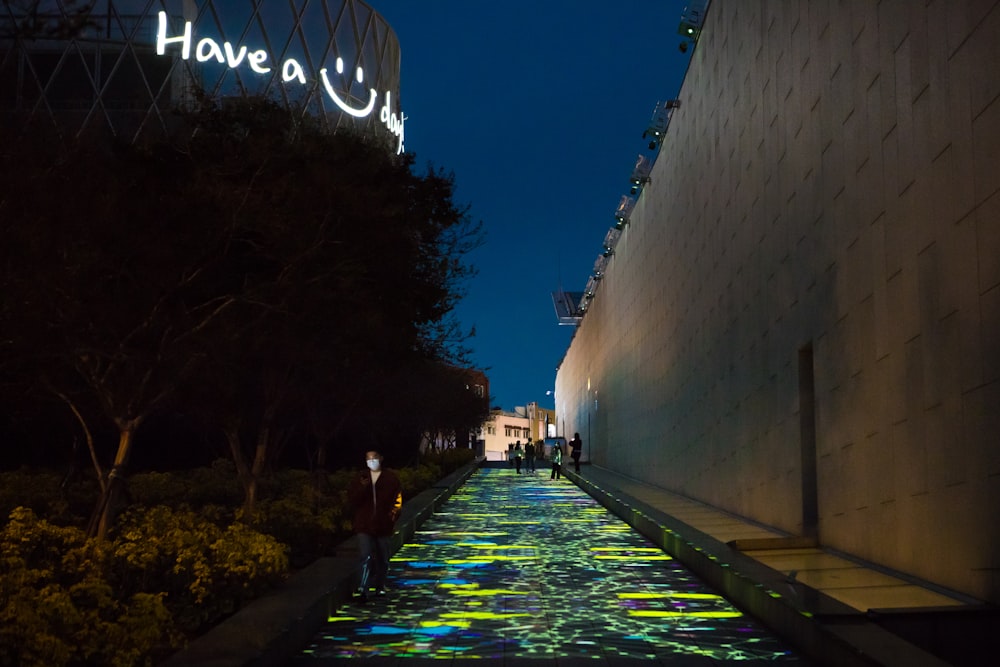 people walking on sidewalk during night time