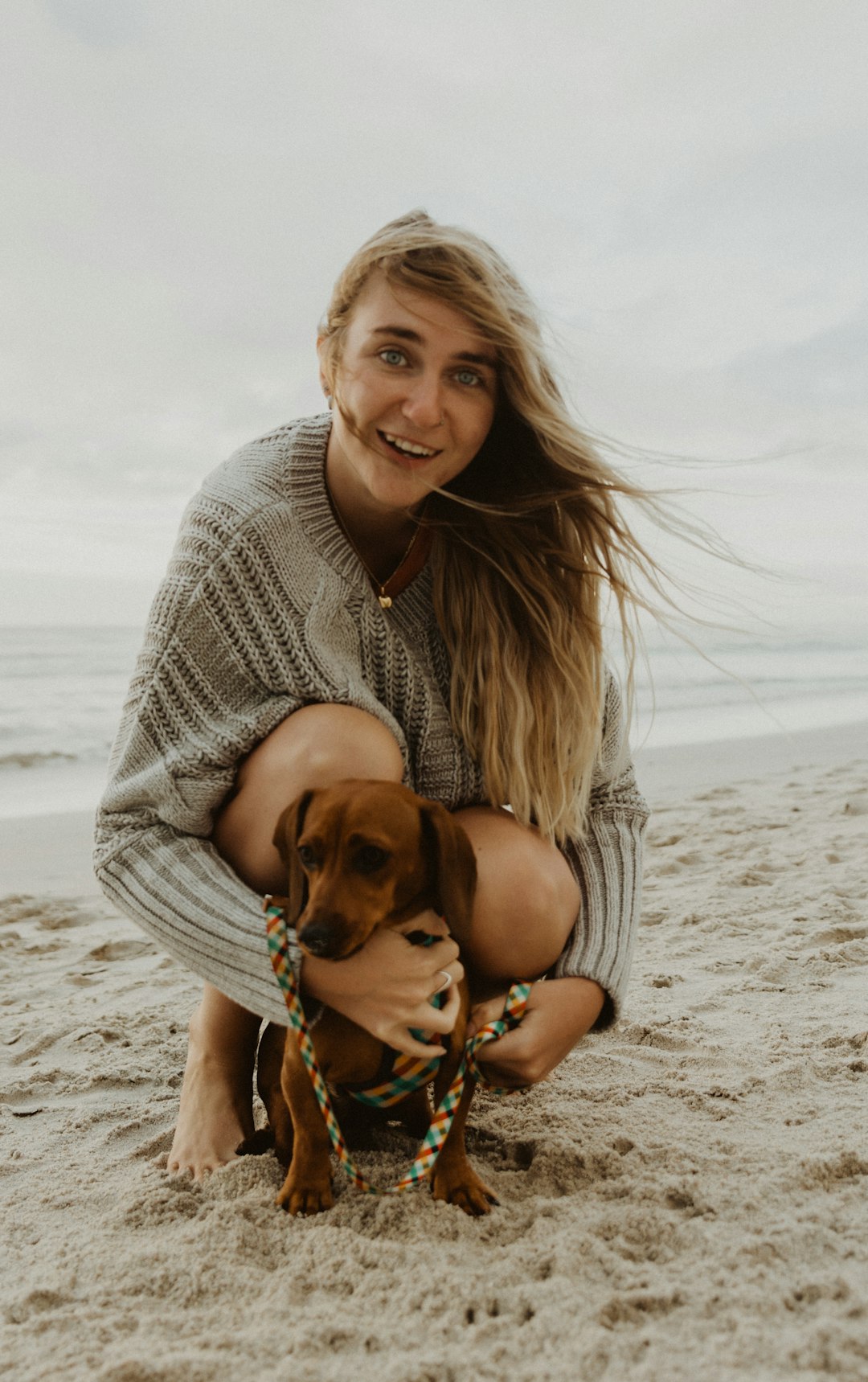 woman in gray knit sweater carrying brown short coated dog on beach during daytime