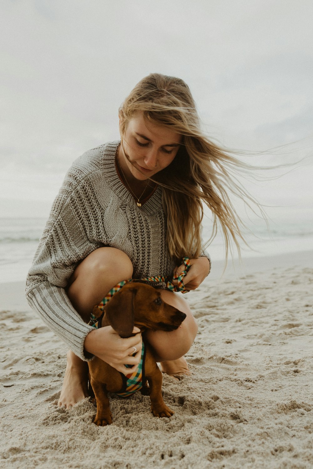 woman in gray knit sweater hugging brown short coated dog on beach during daytime