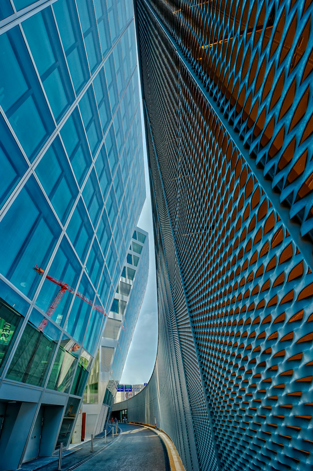 blue and white glass walled building