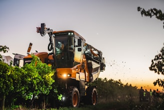 A large agricultural machine navigates through a vineyard at dusk. The machine is orange with black details, and bright lights illuminate the surrounding grapevines. Several people stand nearby, watching the operation as the sky transitions from daytime to evening.