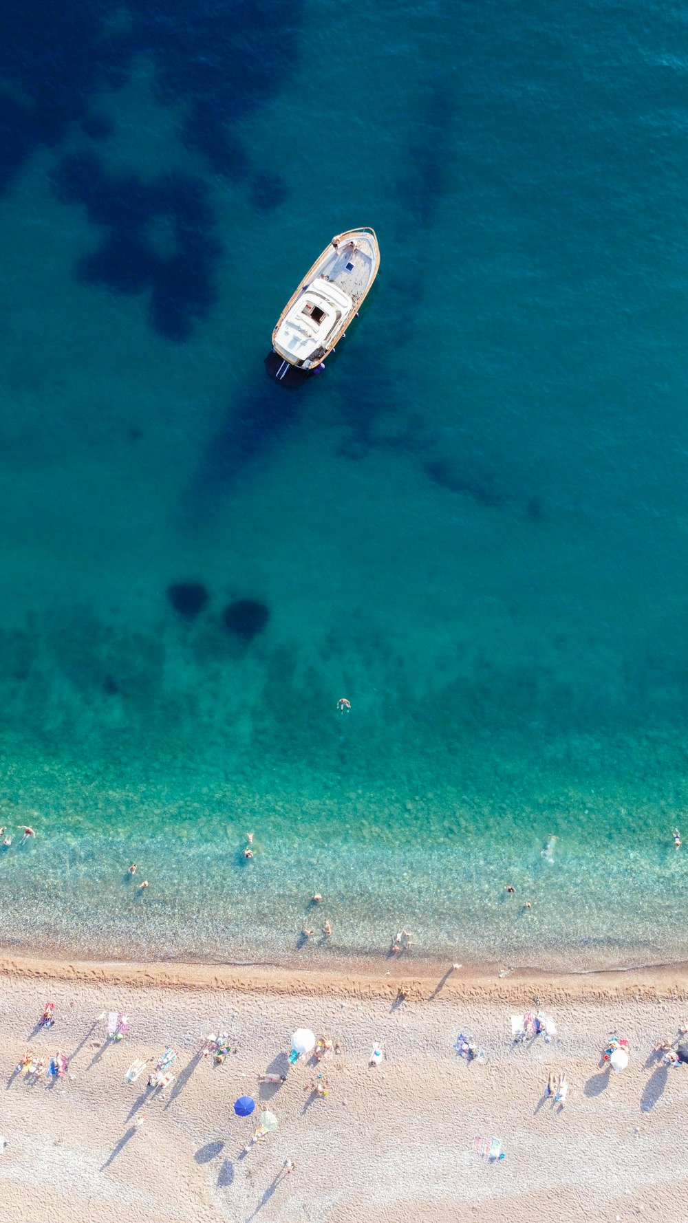 昼間の青い海に浮かぶ白と黒のボート