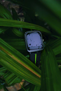 A modern smartwatch with a green strap displayed on a wrist against a leafy background.