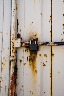 Close-up of a weathered but solid container door with secure locking mechanisms.
