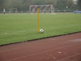 A soccer field with a corner flag and a ball positioned next to it. A goalpost is visible in the background, and a player in light-colored attire stands on the field. The grass is lush and green, and the setting seems to be overcast.