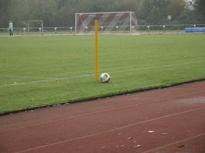 A soccer field with a corner flag and a ball positioned next to it. A goalpost is visible in the background, and a player in light-colored attire stands on the field. The grass is lush and green, and the setting seems to be overcast.