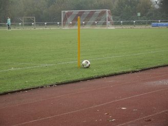A soccer field with a corner flag and a ball positioned next to it. A goalpost is visible in the background, and a player in light-colored attire stands on the field. The grass is lush and green, and the setting seems to be overcast.
