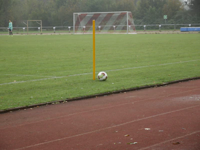 A soccer field with a corner flag and a ball positioned next to it. A goalpost is visible in the background, and a player in light-colored attire stands on the field. The grass is lush and green, and the setting seems to be overcast.
