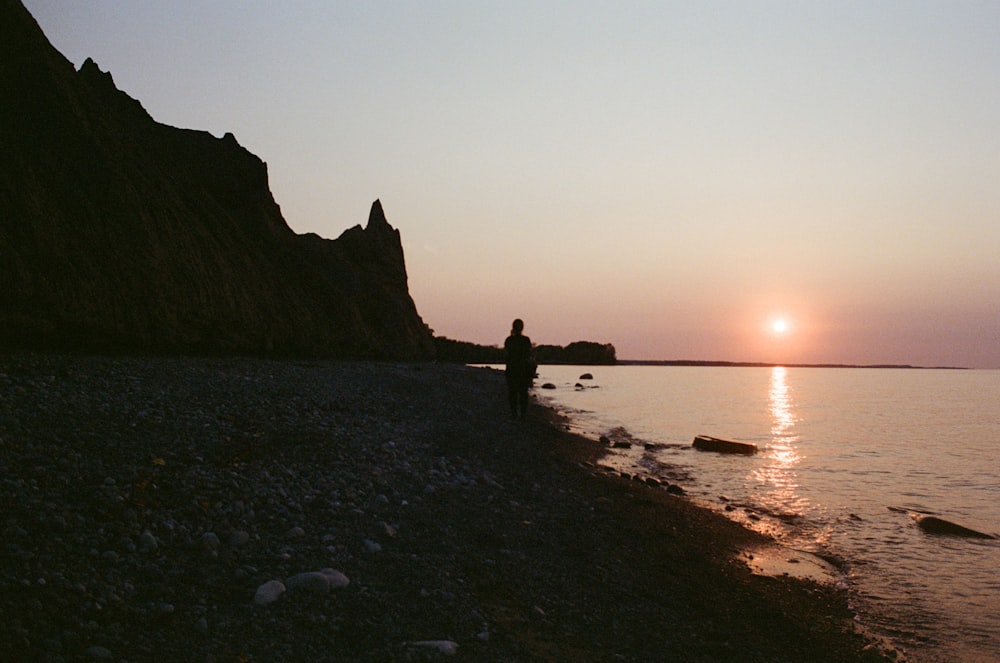 silhouette of 2 people standing on seashore during sunset