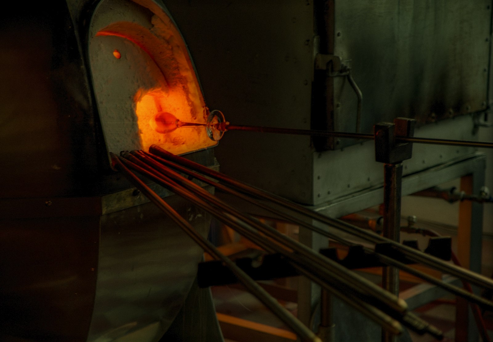 The open mouth of a glory hole reheating furnace