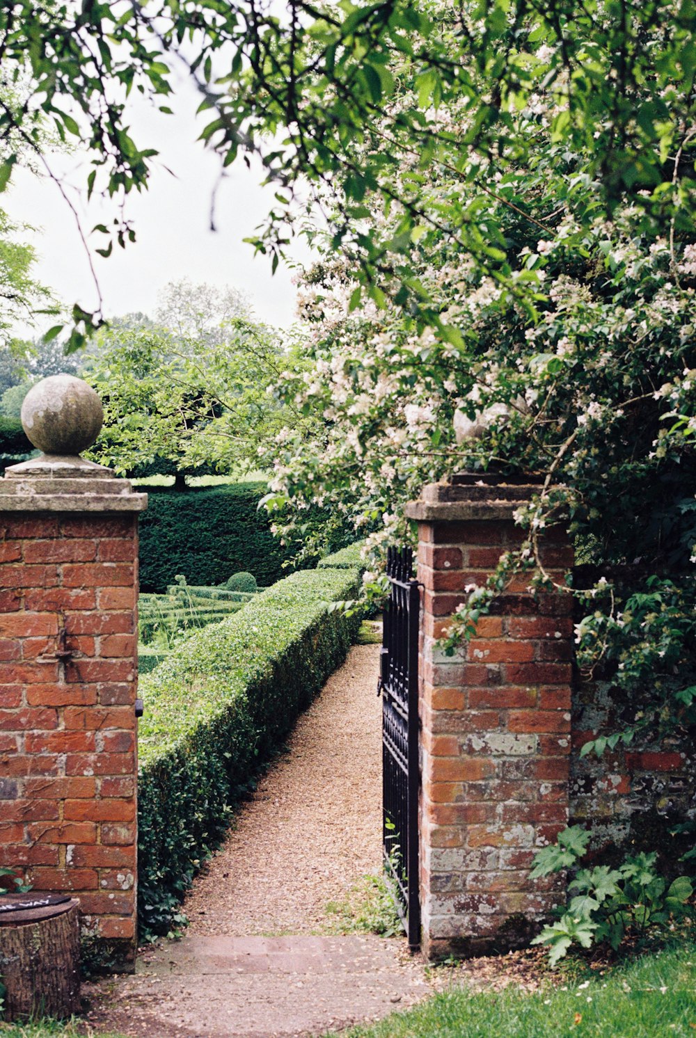 brown brick wall with green grass and trees