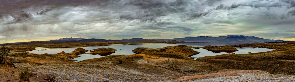 brown grass field near lake under gray clouds