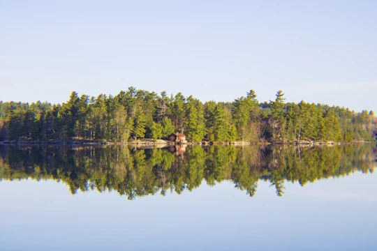 A serene lakeside cabin surrounded by tall trees at sunrise, inviting calm and reflection.
