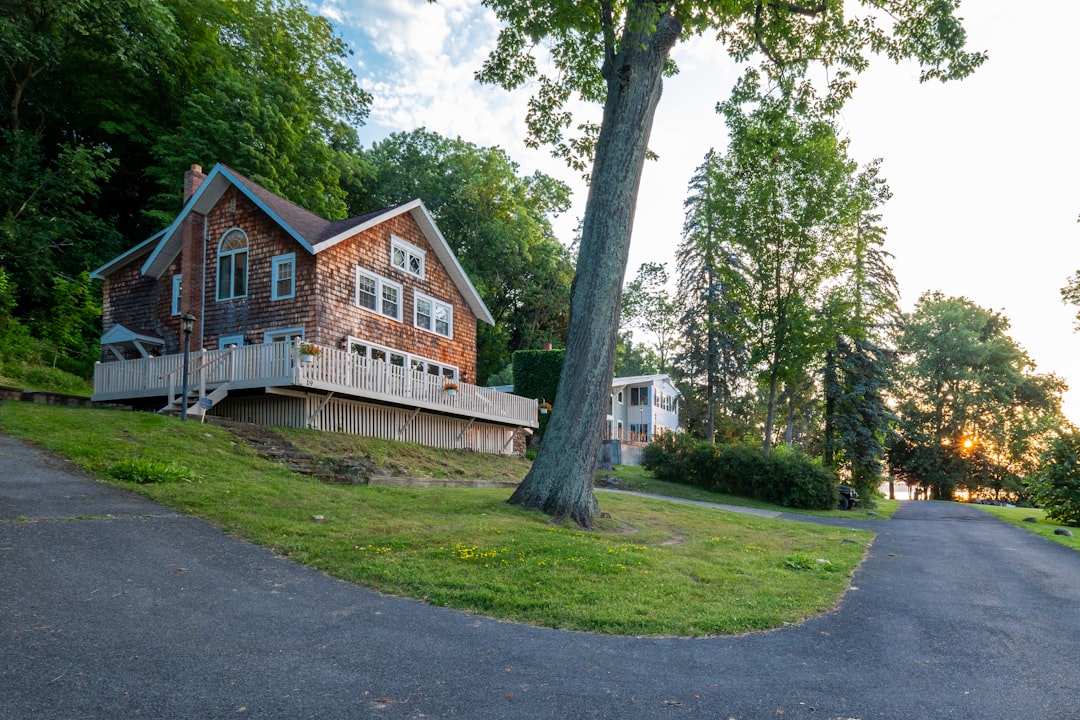 brown and white wooden house near green trees during daytime