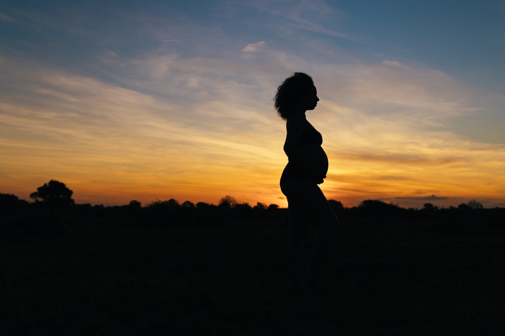 silhouette of man standing on grass field during sunset