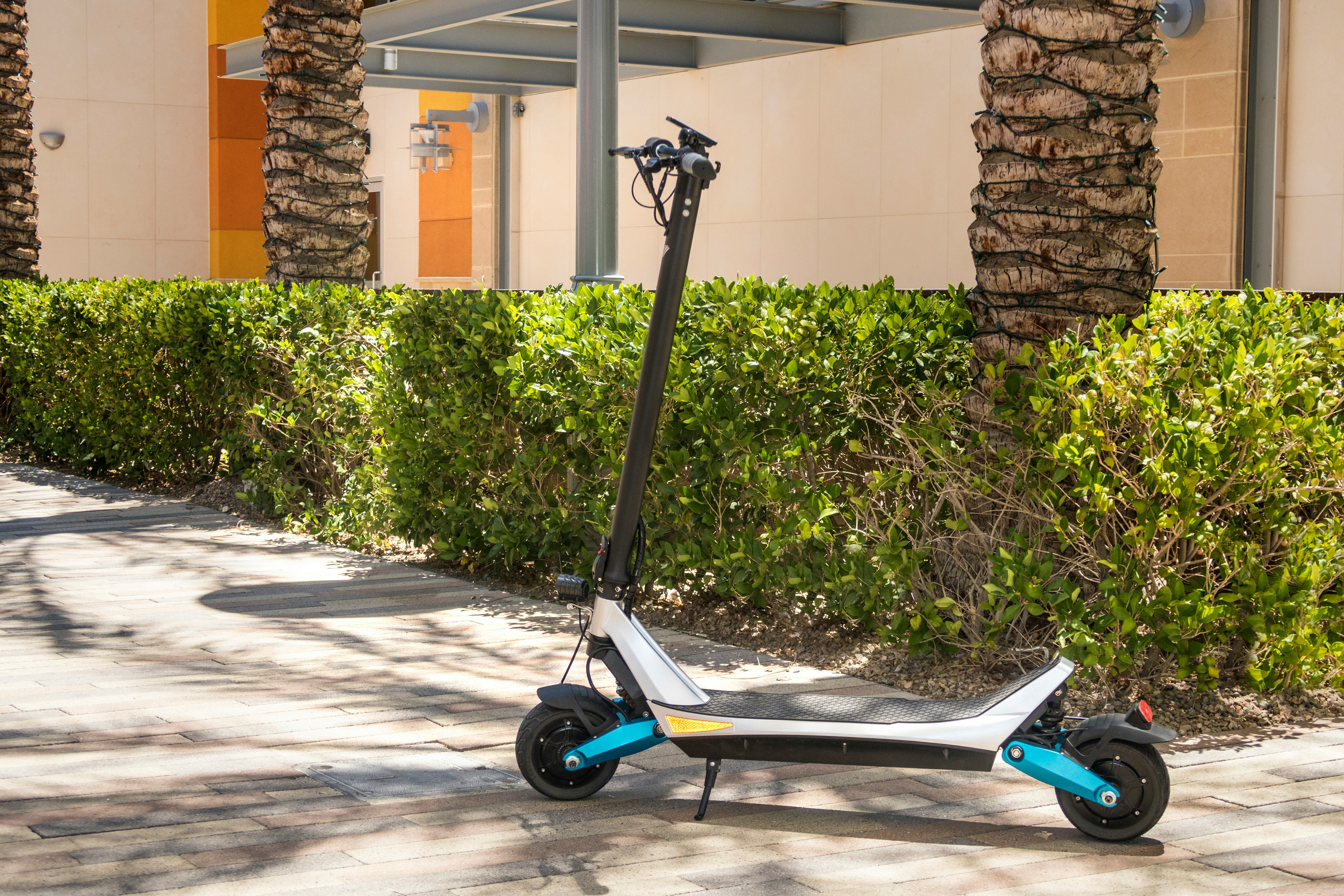 blue and black kick scooter near green plants during daytime