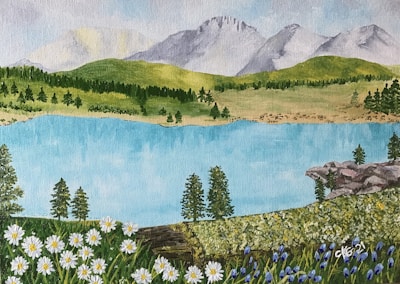 A serene landscape painting with soft blues and greens, showing a quiet forest