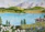 An artist painting a calm lake scene surrounded by towering mountain peaks and pine trees.