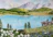 An artist painting a calm lake scene surrounded by towering mountain peaks and pine trees.