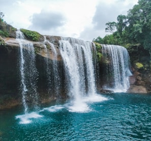 waterfalls near green trees during daytime