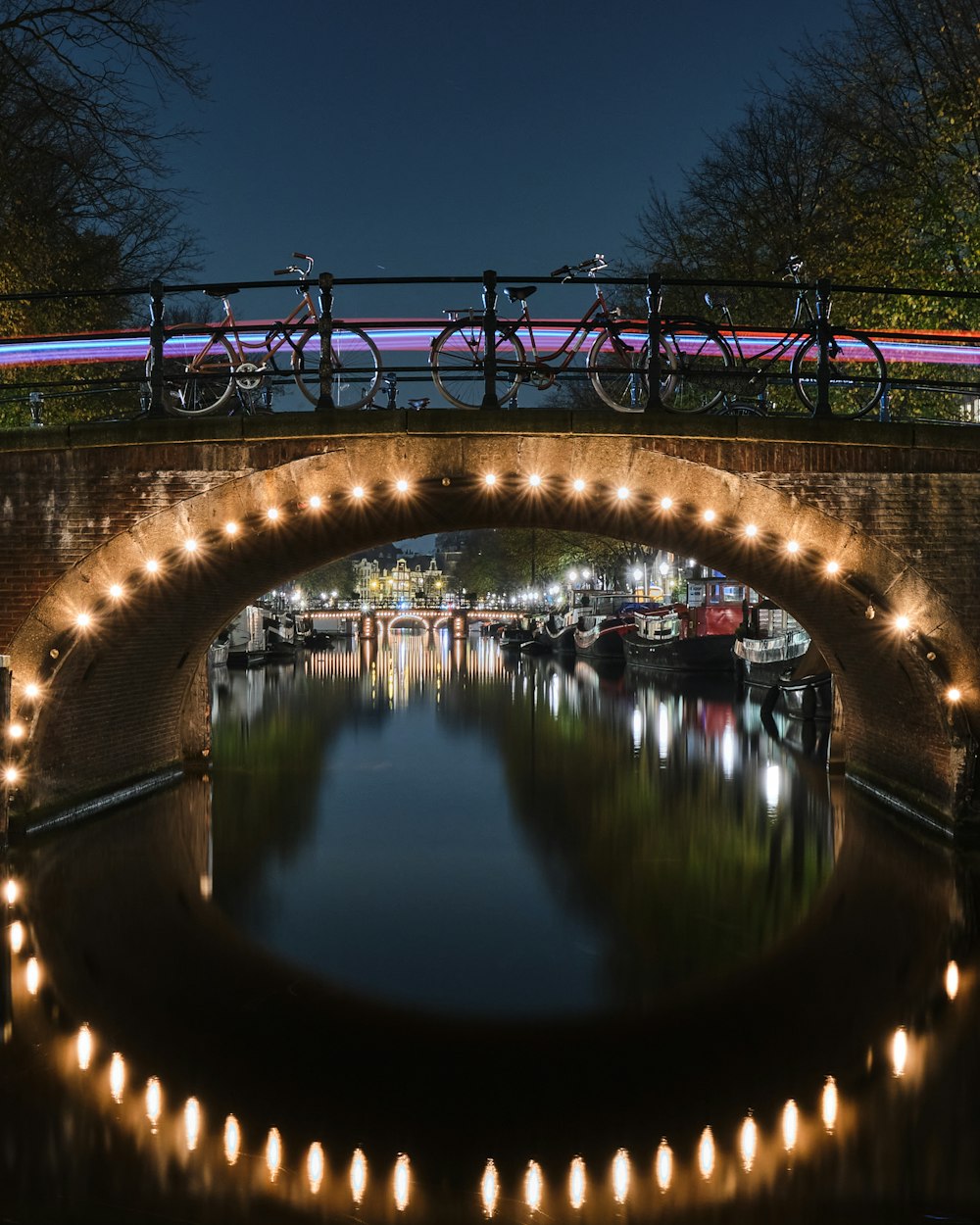 brown bridge over river during night time