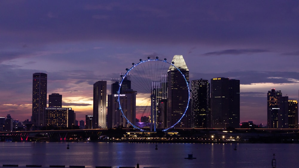 city skyline during night time