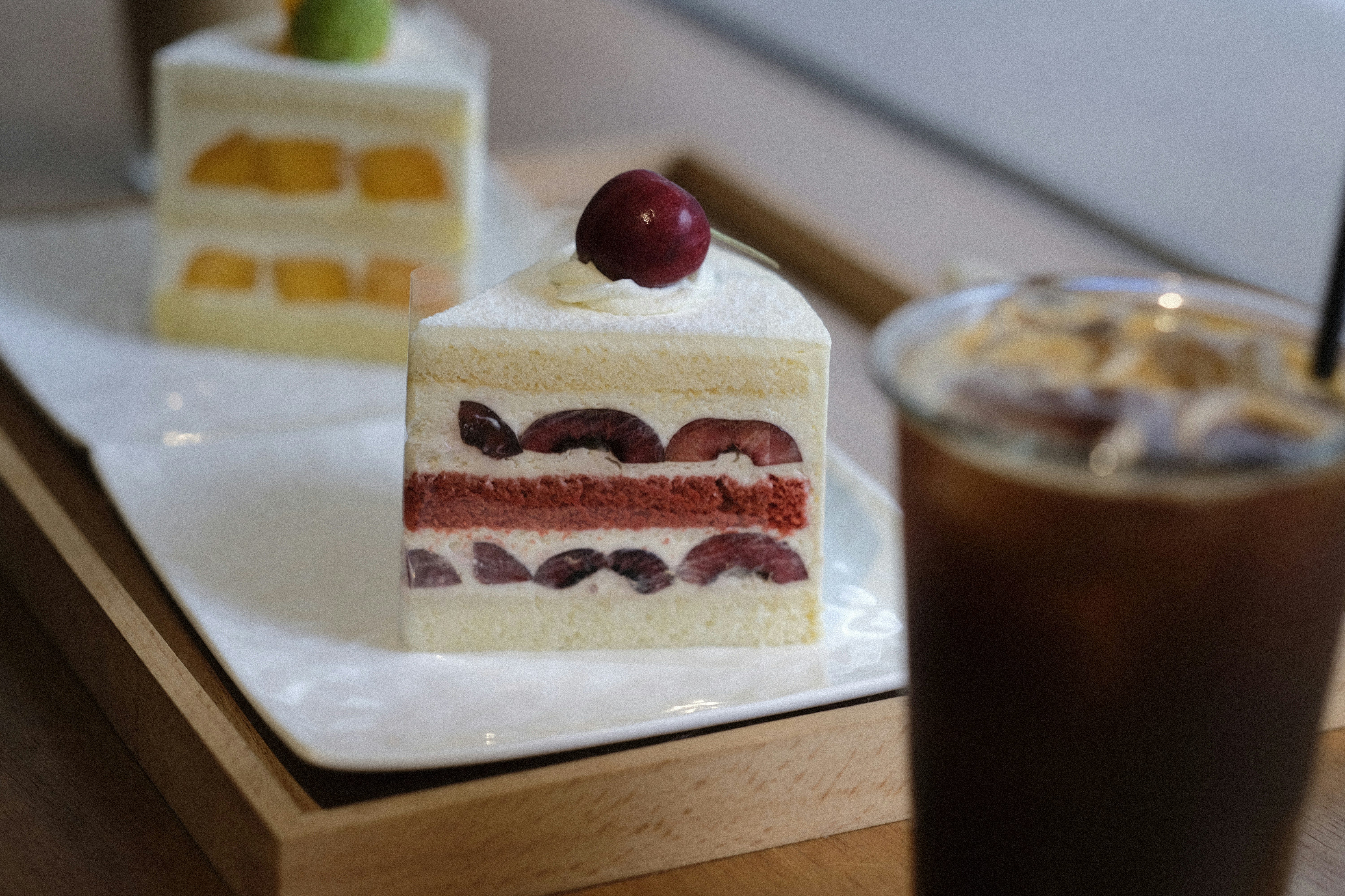 Strawberry cake on white ceramic plate